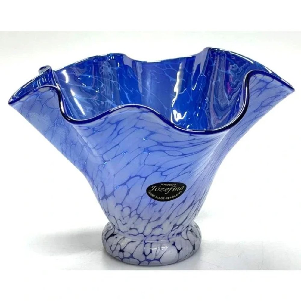 Krosno Jozefina Poland Blue Cobalt White Glass Ruffle Vase Art Deco Set